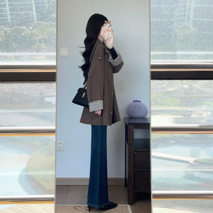 韩系复古咖色立领风衣女 袖口格纹拼接系带收腰小个子短外套