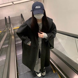 韩系chic深灰连帽毛呢外套女小个子中长款 宽松高级感系带呢子大衣