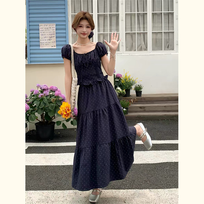夏季法式甜美蓝波点蛋糕裙两件套
