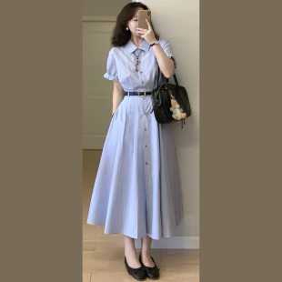 新款 法式 连衣裙女夏季 衬衫 小个子收腰显瘦长裙子 复古蓝色条纹短袖