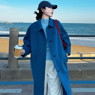 慵懒风蓝色中长款毛呢外套女秋冬新款韩系高级感通勤气质呢子大衣