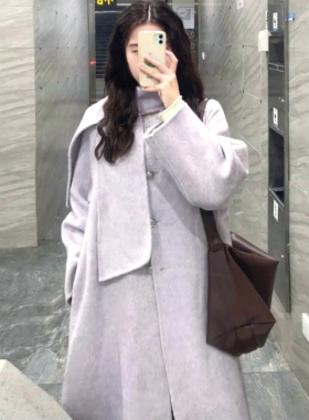 韩系紫色呢子大衣女秋冬新款中长款高级感小个子气质百搭毛呢外套