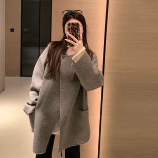 极简慵懒风格雷灰毛呢外套女小个子中长款宽松气质高级感呢子大衣