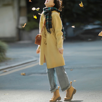 小个子150cm牛角扣连帽毛呢外套