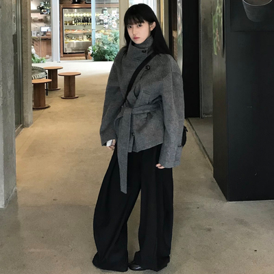 韩版小个子灰色立领百搭毛呢外套