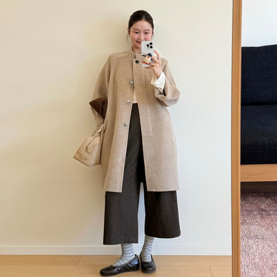 韩版极简风咖色单排扣毛呢外套女