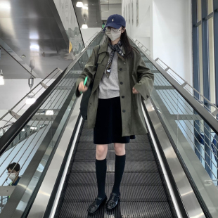 绿色翻领风衣外套女春季新款中长款宽松通勤高级感小个子大衣上衣