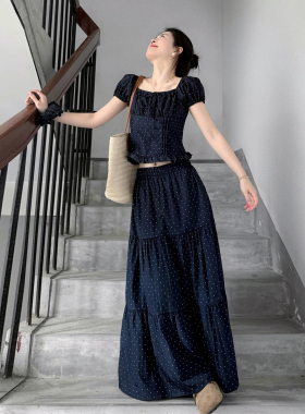 小个子蓝色波点方领套装女夏季新款短款上衣高腰蛋糕半身裙两件套