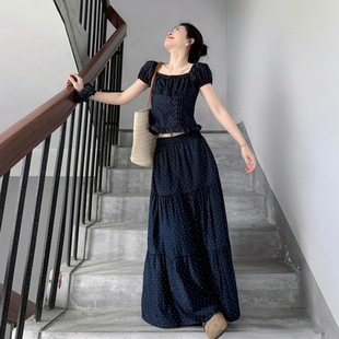 小个子蓝色波点方领套装女夏季新款短款上衣高腰蛋糕半身裙两件套