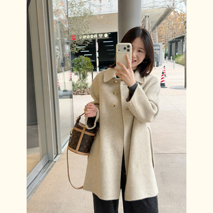 温柔简约风米白色毛呢外套女小个子中长款单排扣腰带收腰呢子大衣