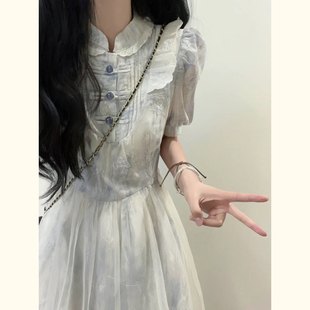 浪漫优雅风白色网纱连衣裙女小个子泡泡袖蕾丝领收腰显瘦仙女裙