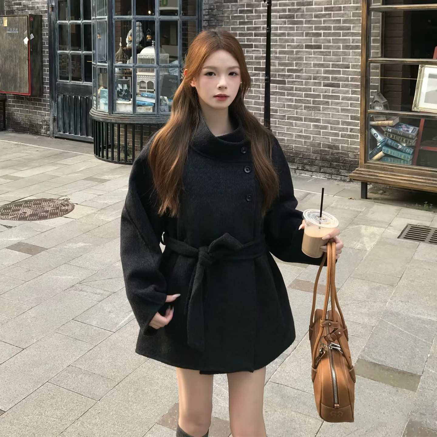 黑色立领收腰系带中长款毛呢外套女秋冬显瘦减龄气质百搭呢子大衣