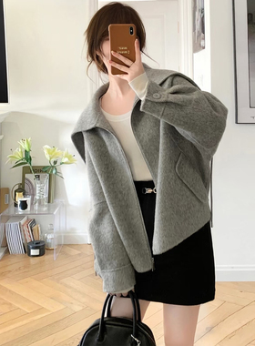 设计感韩系灰色大翻领短款毛呢外套女高级感小个子极简风呢子大衣