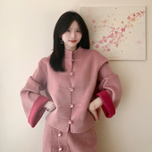 新款 新中式 国风粉色盘扣两件套女秋冬季 小个子撞色毛呢上衣半身裙