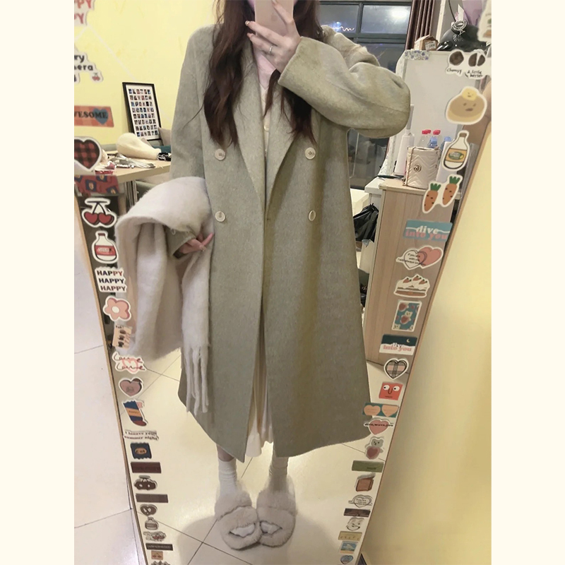 韩系赫本风小个子中长款毛呢外套