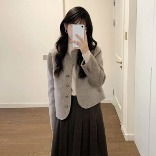 小香风设计感毛呢外套短款女冬季新款灰色小个子宽松呢子大衣上衣