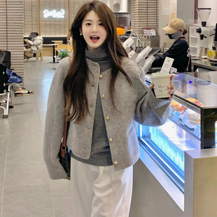 韩系灰色短款圆领毛呢外套女秋冬装小个子单排扣气质通勤呢子大衣