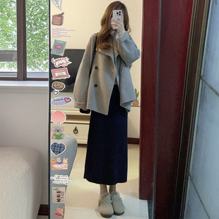 韩系浅咖色毛呢外套女秋冬新款中长款小个子赫本风高级感呢子大衣