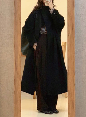 秋冬黑色慵懒风立领长款呢子大衣