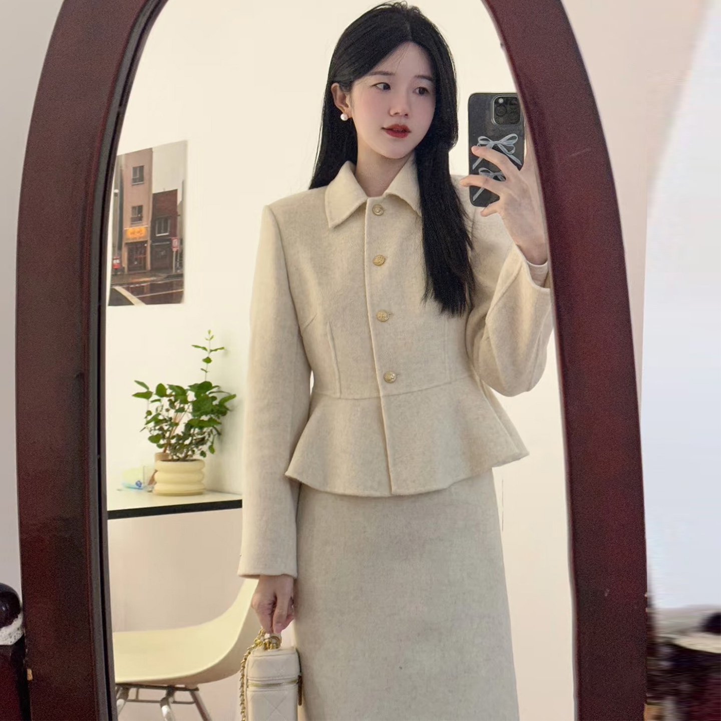 轻熟风毛呢套装女秋冬新款小个子名媛小香风时髦外套半身裙两件套