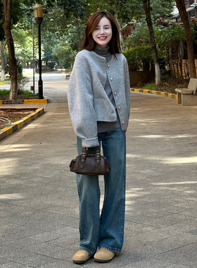 慵懒风灰色短款毛呢外套女秋冬新款小个子单排扣休闲百搭呢子上衣