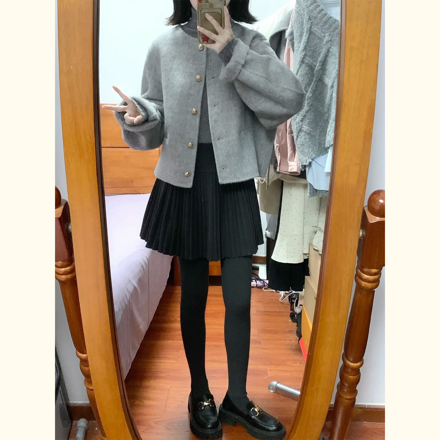 小个子学院风灰色短款毛呢外套