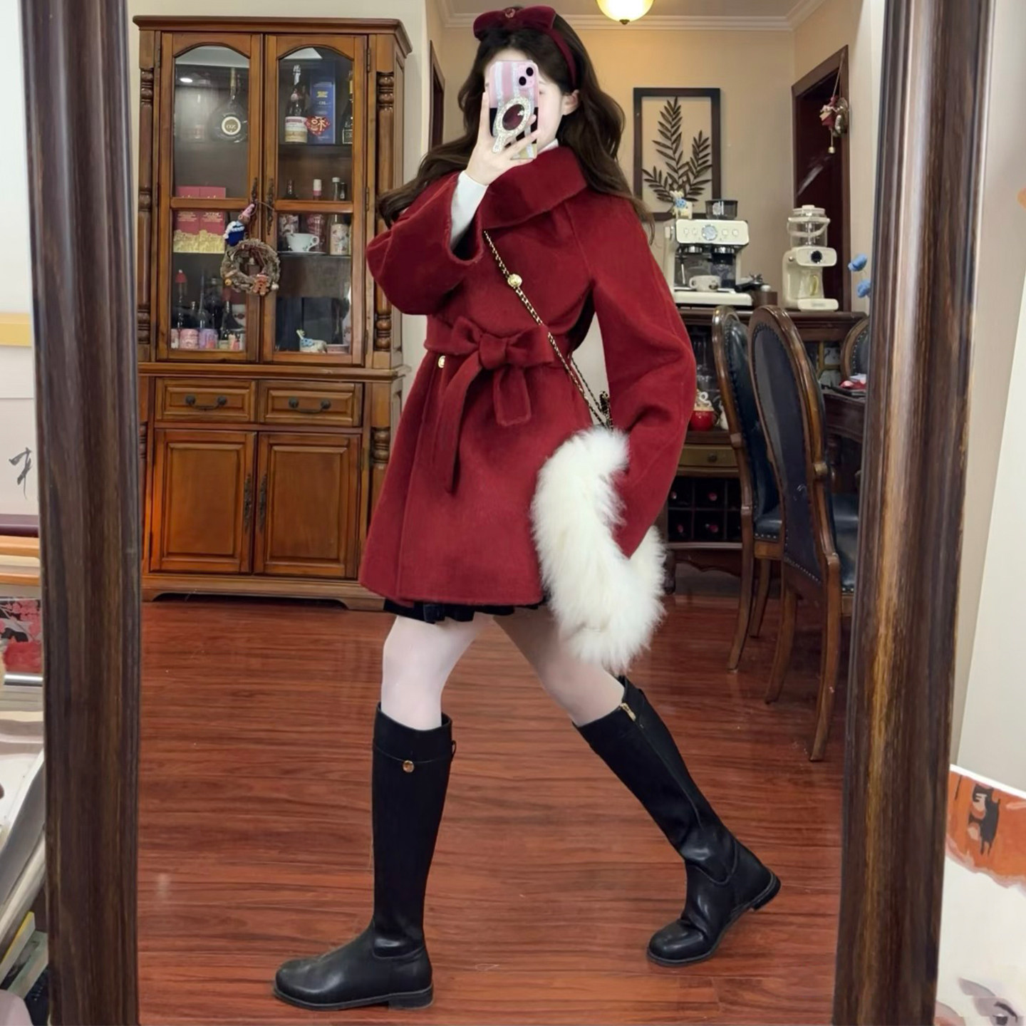 千金风红色毛呢外套女秋冬装小个子中长款收腰翻领双排扣呢子大衣