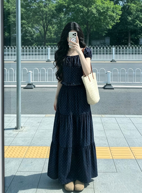 法式气质蓝色波点短款上衣半身长裙两件套女夏穿搭一整套长裙套装