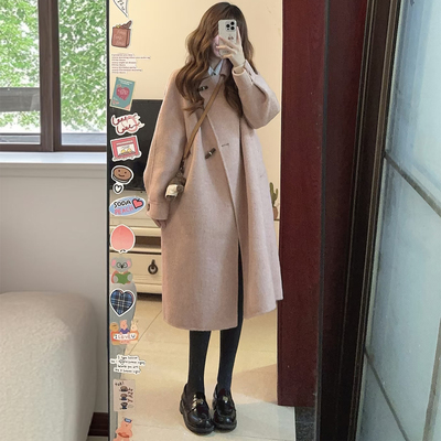 温柔风廓形粉色毛呢大衣女秋冬装
