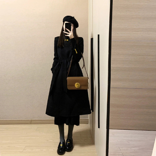 高级感黑色气质毛呢外套女秋冬装新款韩系赫本风系带显瘦呢子大衣