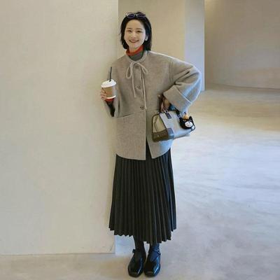 韩系灰色中长款小个子毛呢外套