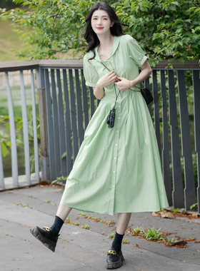 法式气质绿色娃娃领连衣裙女夏季新款小个子修身显瘦短袖a字裙子