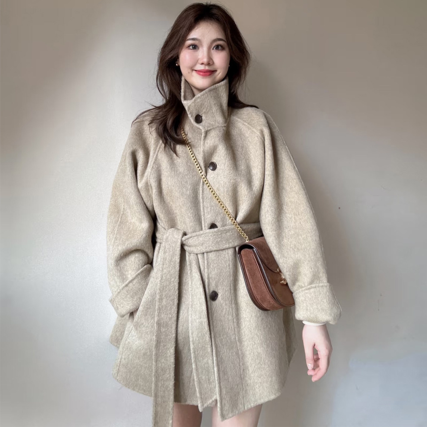 韩系立领中长款毛呢外套女秋冬新款收腰系带小个子高级感呢子大衣,女装/女士精品,毛呢外套,淘宝优惠券,粉丝福利购,淘宝优惠卷