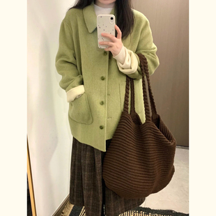 韩式 休闲风翻领毛呢外套女绿色宽松百搭保暖呢子大衣小个子单排扣