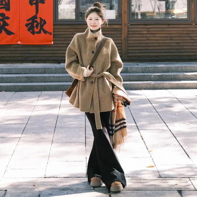 韩系立领单排扣毛呢大衣女中长款收腰系带高级感小个子呢子外套