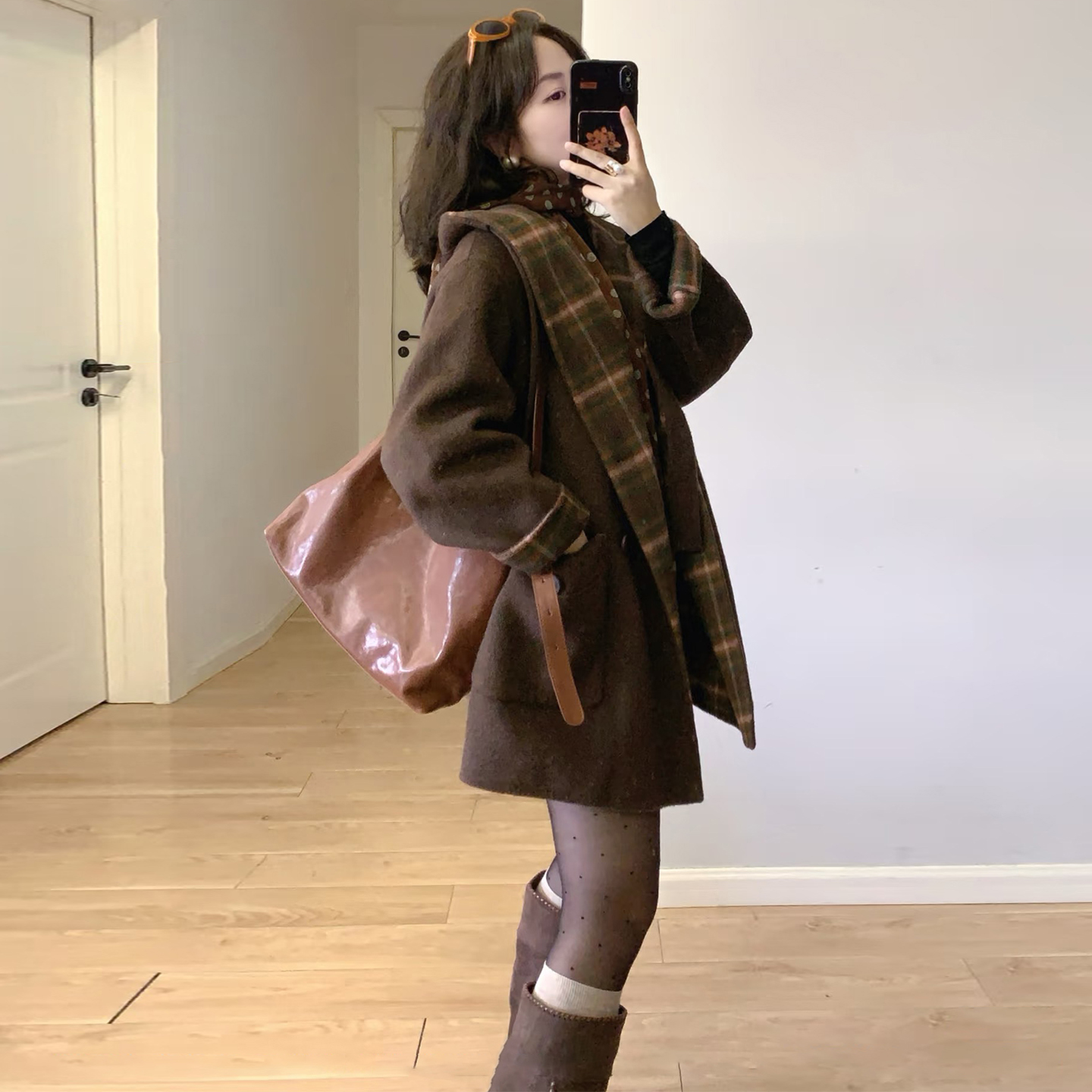 小个子复古格纹撞色毛呢大衣女