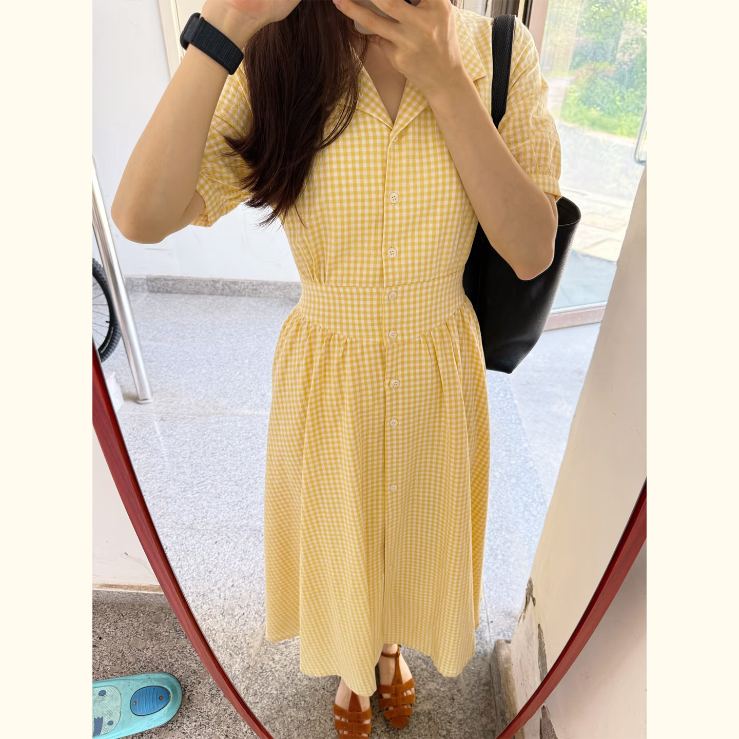 法式黄色格子衬衫连衣裙女春季小个子单排扣收腰显瘦A字裙温柔风