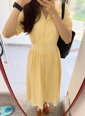 法式黄色格子衬衫连衣裙女春季小个子单排扣收腰显瘦A字裙温柔风