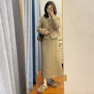 外套半身裙两件套轻熟风 高级感短款 卡其色小香风毛呢套装 女秋冬装