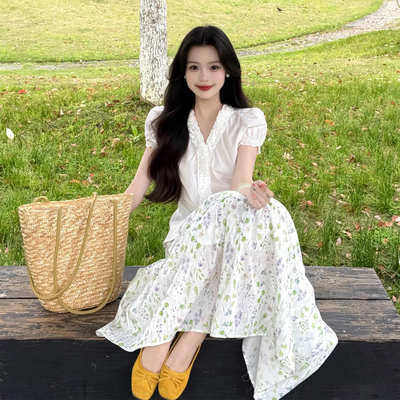 夏季法式温柔碎花收腰两件套女