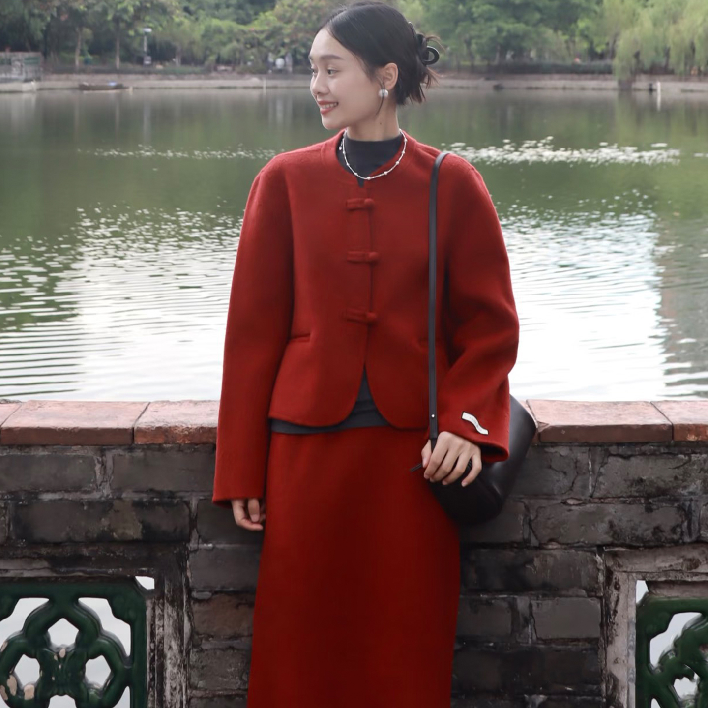 新中式红色毛呢套装女秋冬小个子