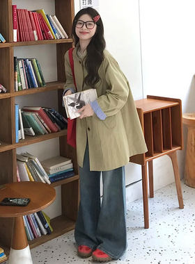 立领风衣外套格子拼接中长小个子