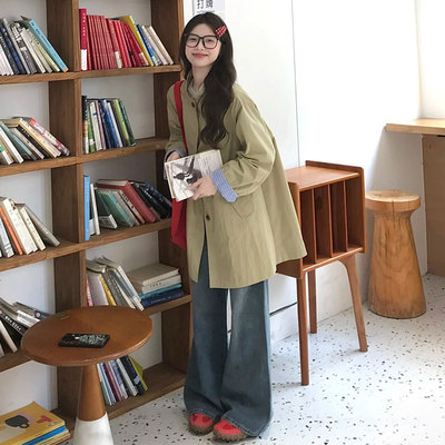 立领风衣外套格子拼接中长小个子