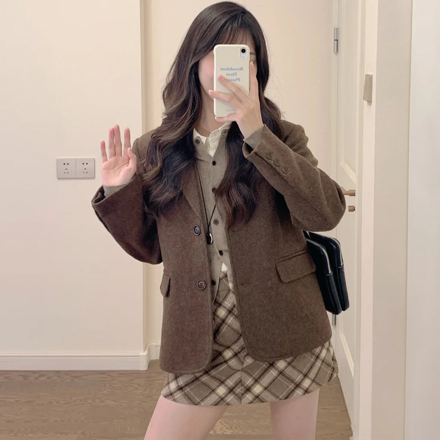 韩版高级感学院风单排扣毛呢外套
