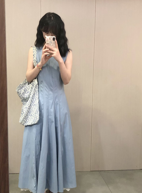 简约轻奢风蓝色无袖连衣裙女夏季小个子修身长裙高级感气质A字裙