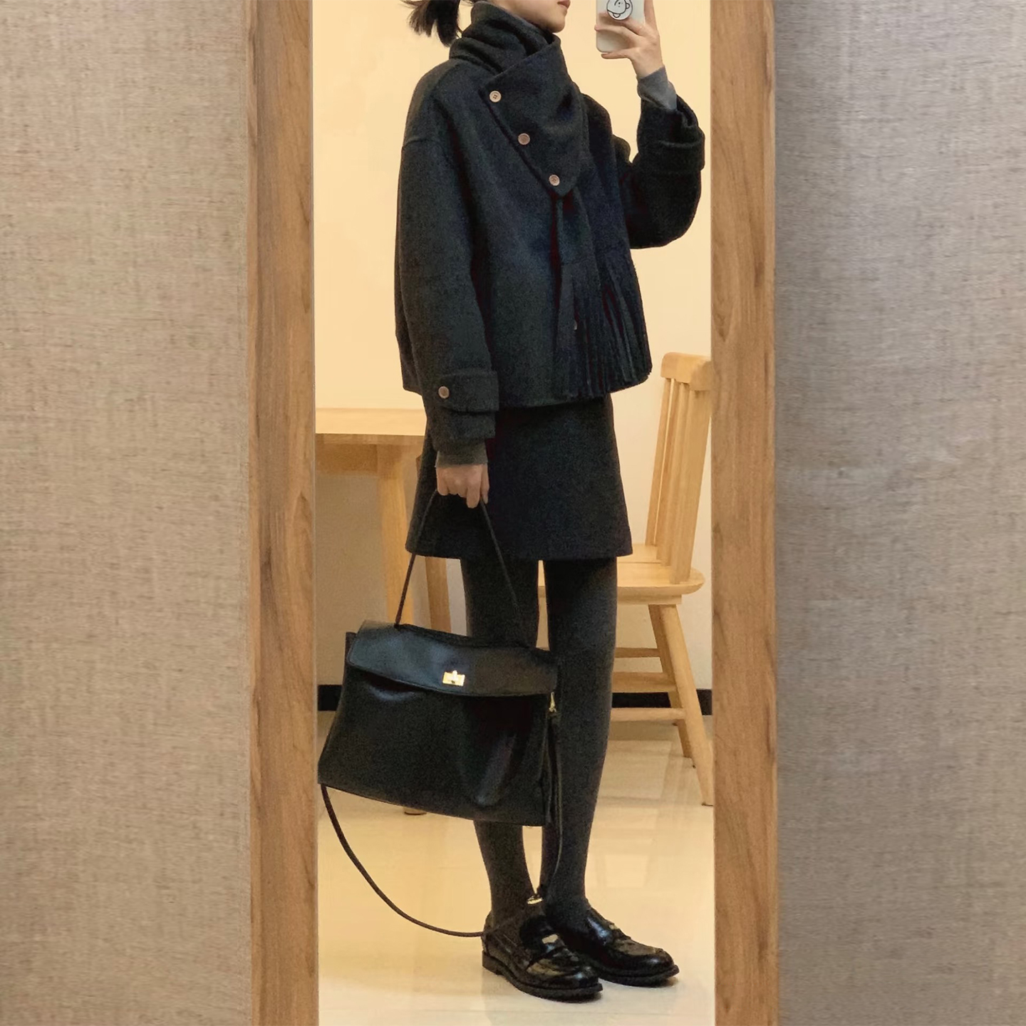 小香风围巾领毛呢外套半身裙套装