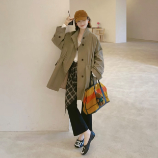 卡其色单排扣立领风衣女中长款oversize收腰显瘦外套