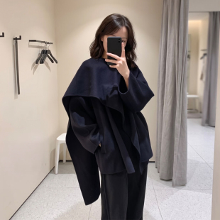 老钱风围巾式斗篷呢子大衣女秋冬季宽松藏青色高级感毛呢外套