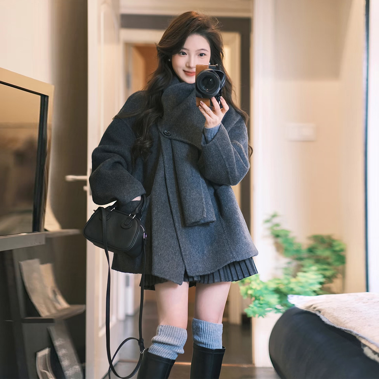 高级设计感围巾毛呢外套女秋冬装
