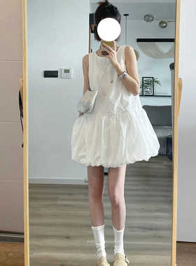 2024年夏季新款韩系白色短裙花苞连衣裙女显瘦无袖背心裙小个子